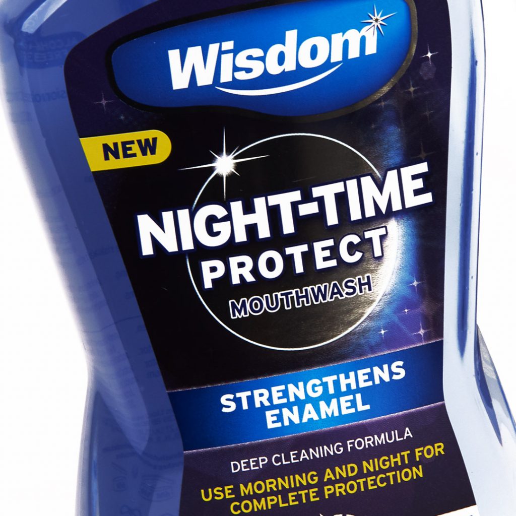 Oral care packaging design and branding for Wisdom Night-Time Protect mouthwash