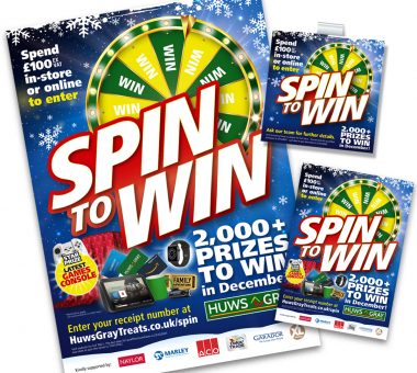 Huws Gray ‘Spin to Win’ promotional marketing campaign, point of sale design & literature