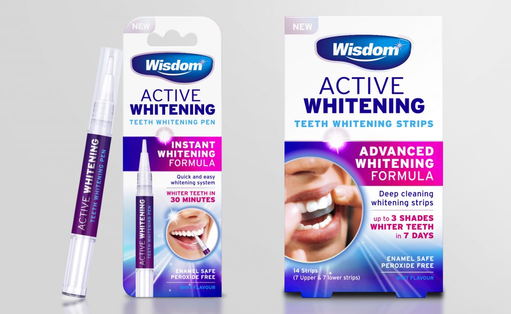 Wisdom Toothbrushes Active Whitening packaging design for teeth whitening pen & strips