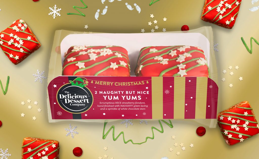 Festive Yum Yums & Blonde Chocolate Eclairs packaging designs for The Delicious Dessert Company