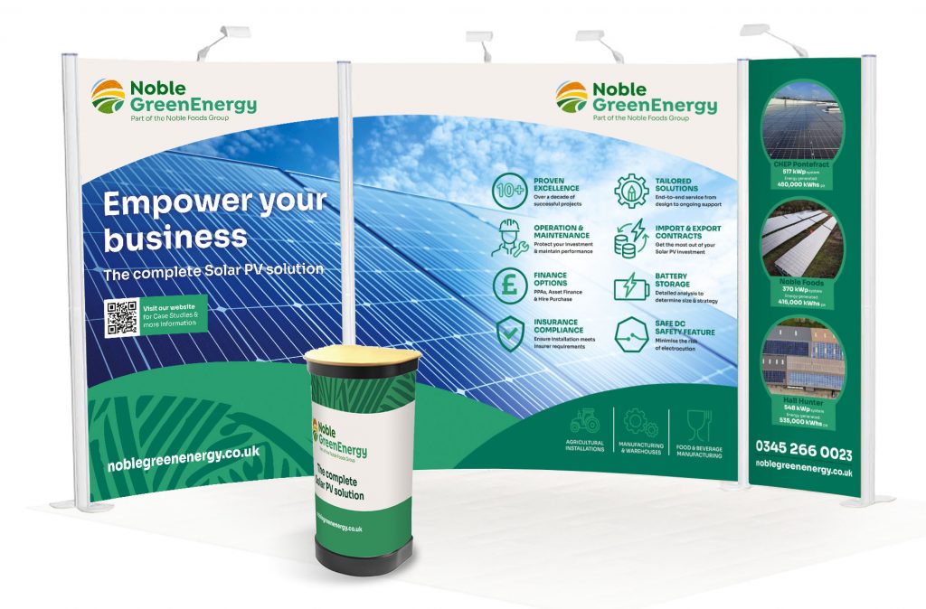 Noble Green Energy exhibition design, brochure, advert and content for Sustainable Food Factory event